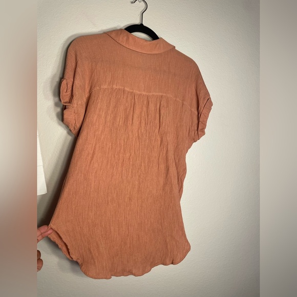 Women's Peach Color Airy Button Down Polo Cuff Sleeve Top - Picture 6 of 7